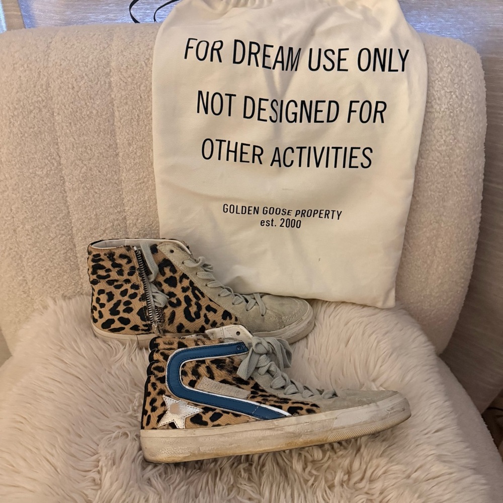 Golden Goose Leopard and Blue High-Top Sneakers